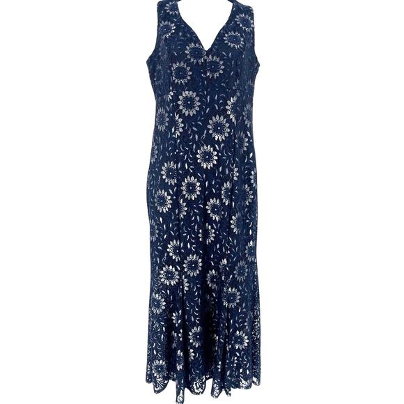 Enfocus Studio Lace Maxi Dress 8P Navy Romantic Coquette Wedding, Elegant Sheath - Picture 1 of 10